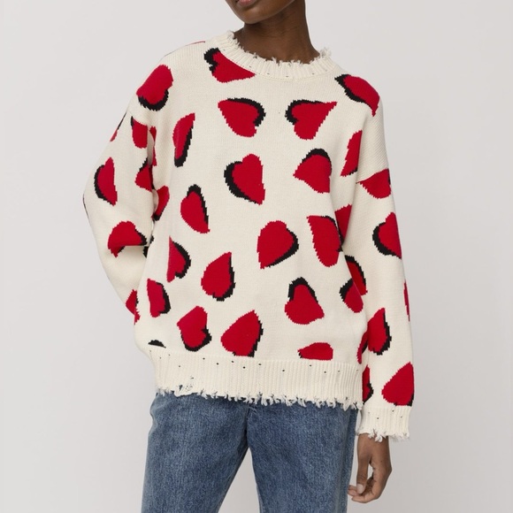 R13 Distressed Oversized Sweater in Off-White Red Heart Pattern size Medium - Picture 1 of 7